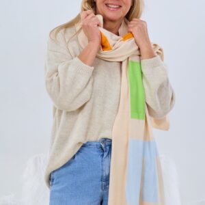 Dünner Strickschal mit SMILE Schriftzug, hellbeige-bunt