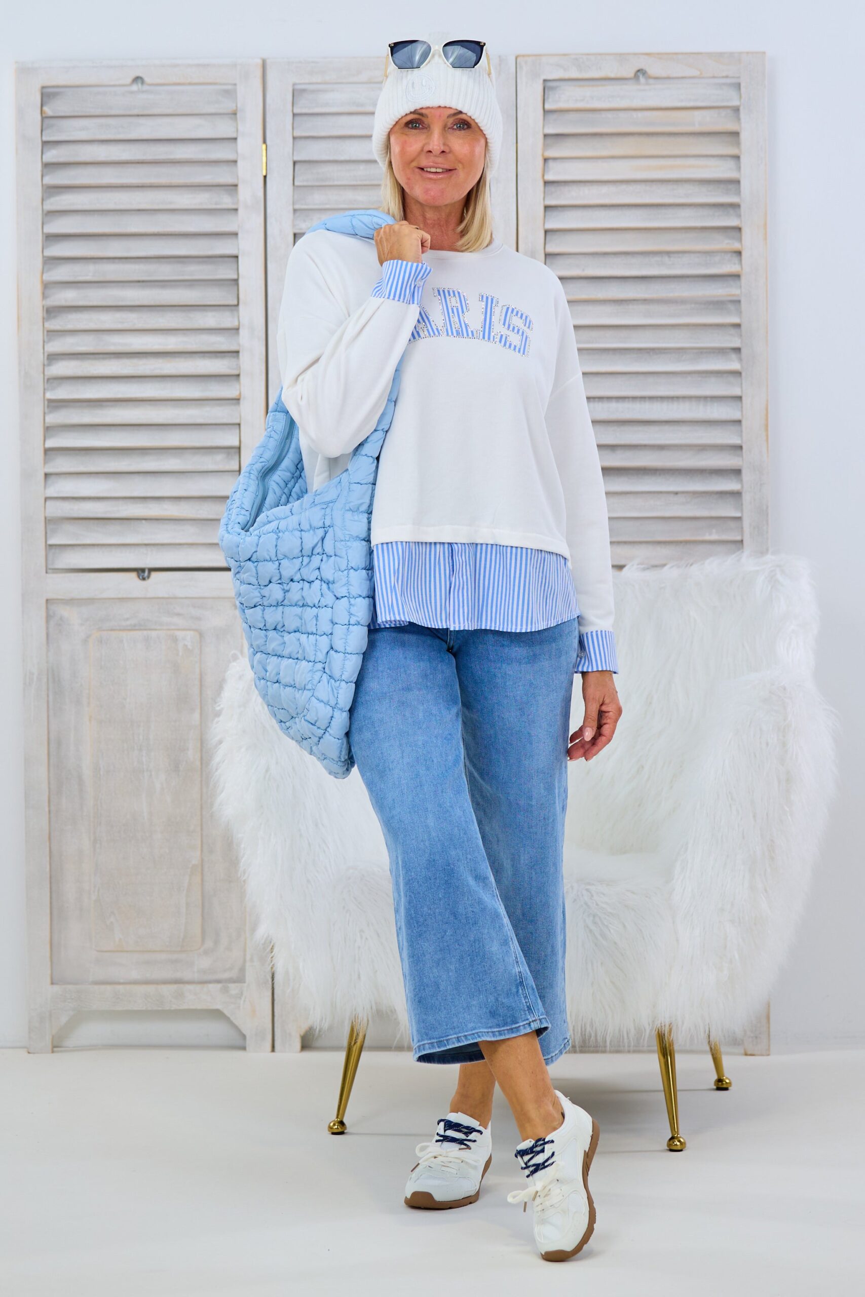 Shirt mit Blusenansatz, ecru-blau/weiß – Bild 2