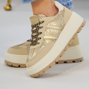 Sneaker mit grober Plateausohle, beige-gold-leo