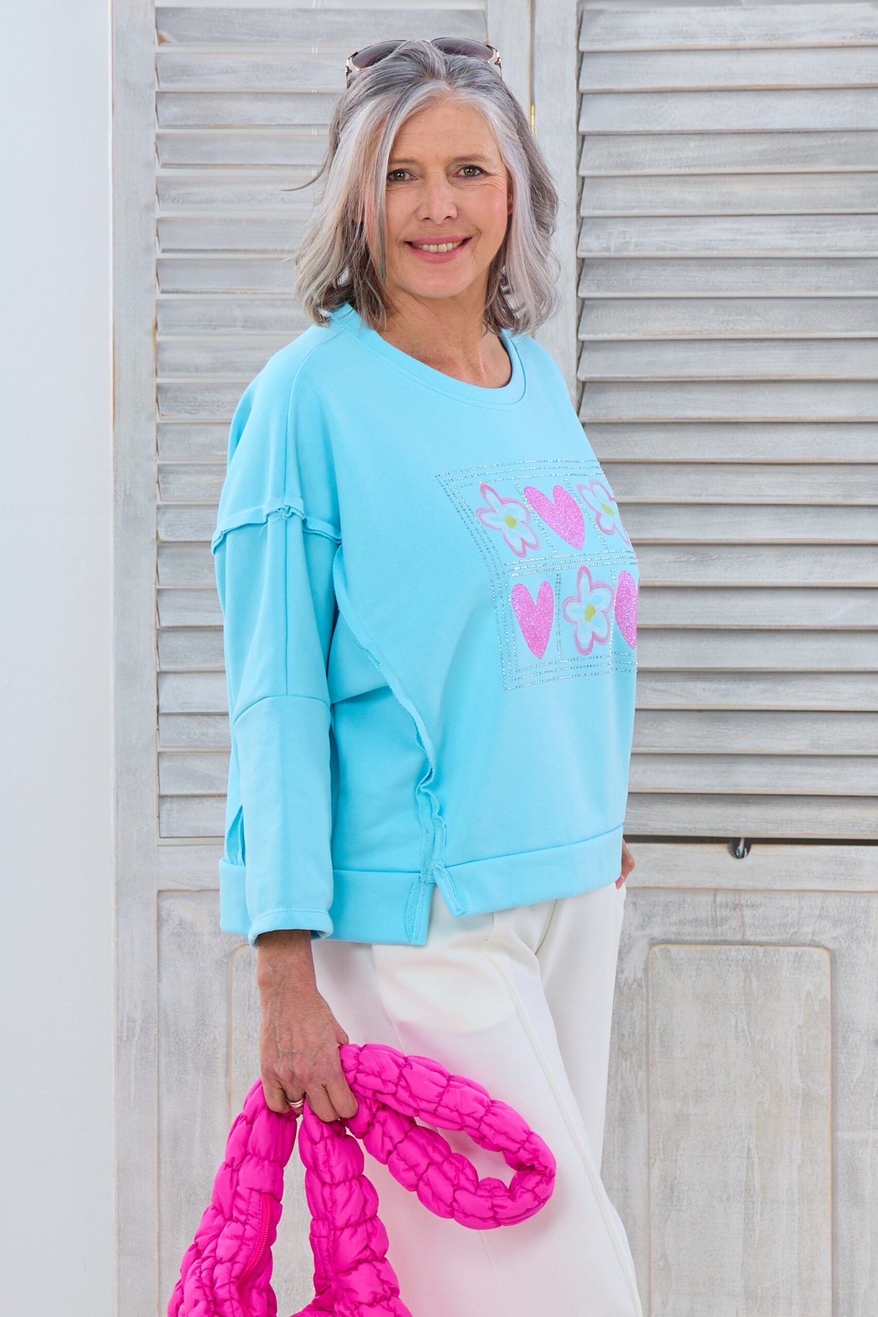 Sweaty mit Druck und außenliegenden Nähten, türkis-pink – Bild 3