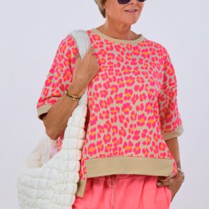 Kurzarm Sweaty im Leo-Look, beige-pink-orange