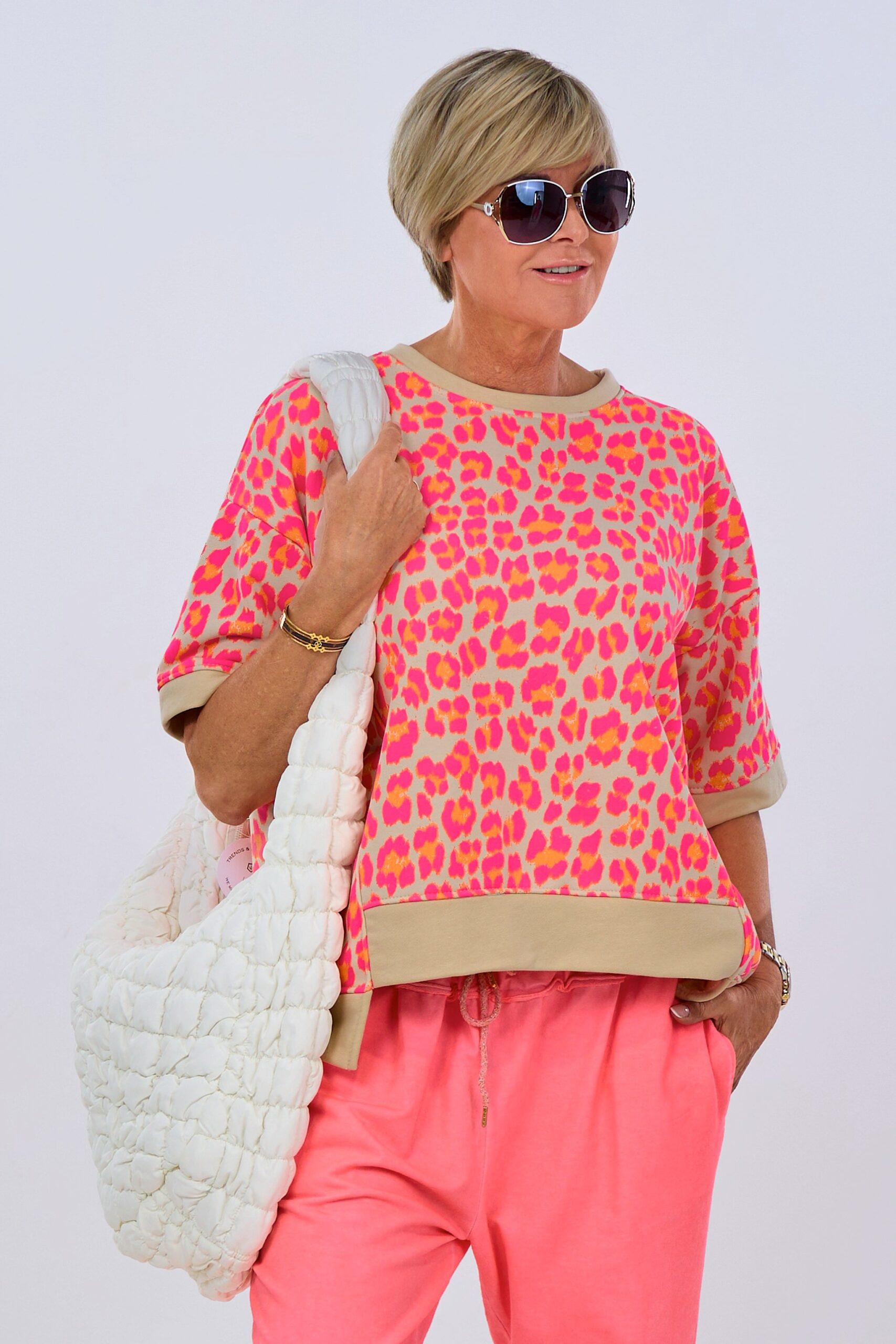 Kurzarm Sweaty im Leo-Look, beige-pink-orange