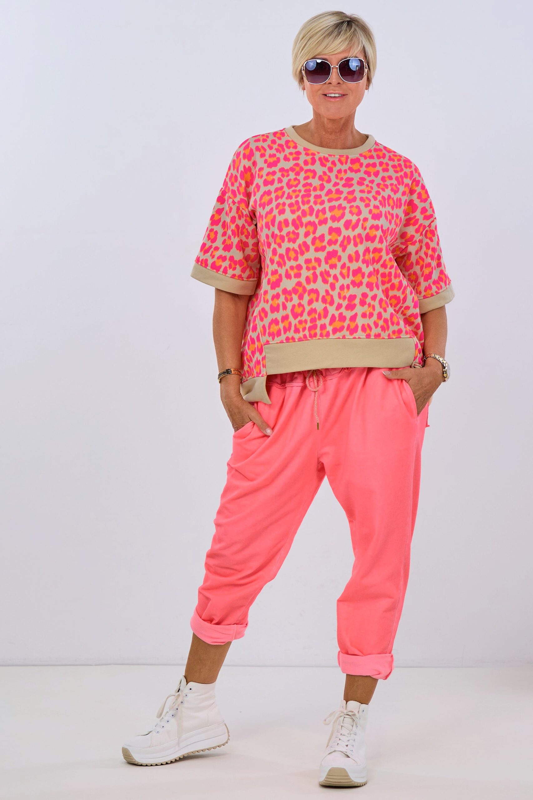 Kurzarm Sweaty im Leo-Look, beige-pink-orange – Bild 3