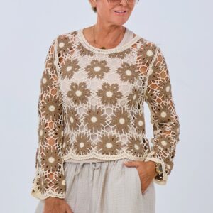 Pulli in Häkeloptik mit Blüten, creme-braun