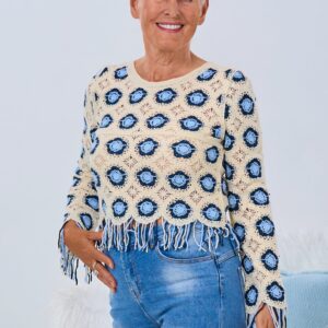 Pulli in Häkeloptik mit Fransen, creme-blau