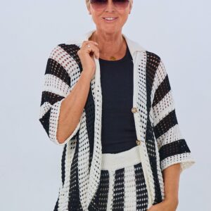 Kurzarm Cardigan mit Längsstreifen, schwarz-ecru