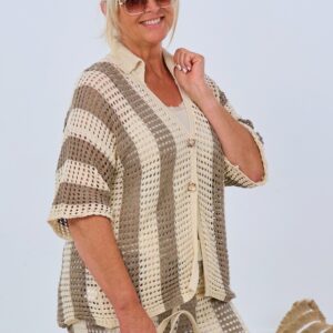 Kurzarm Cardigan mit Längsstreifen, taupe-beige
