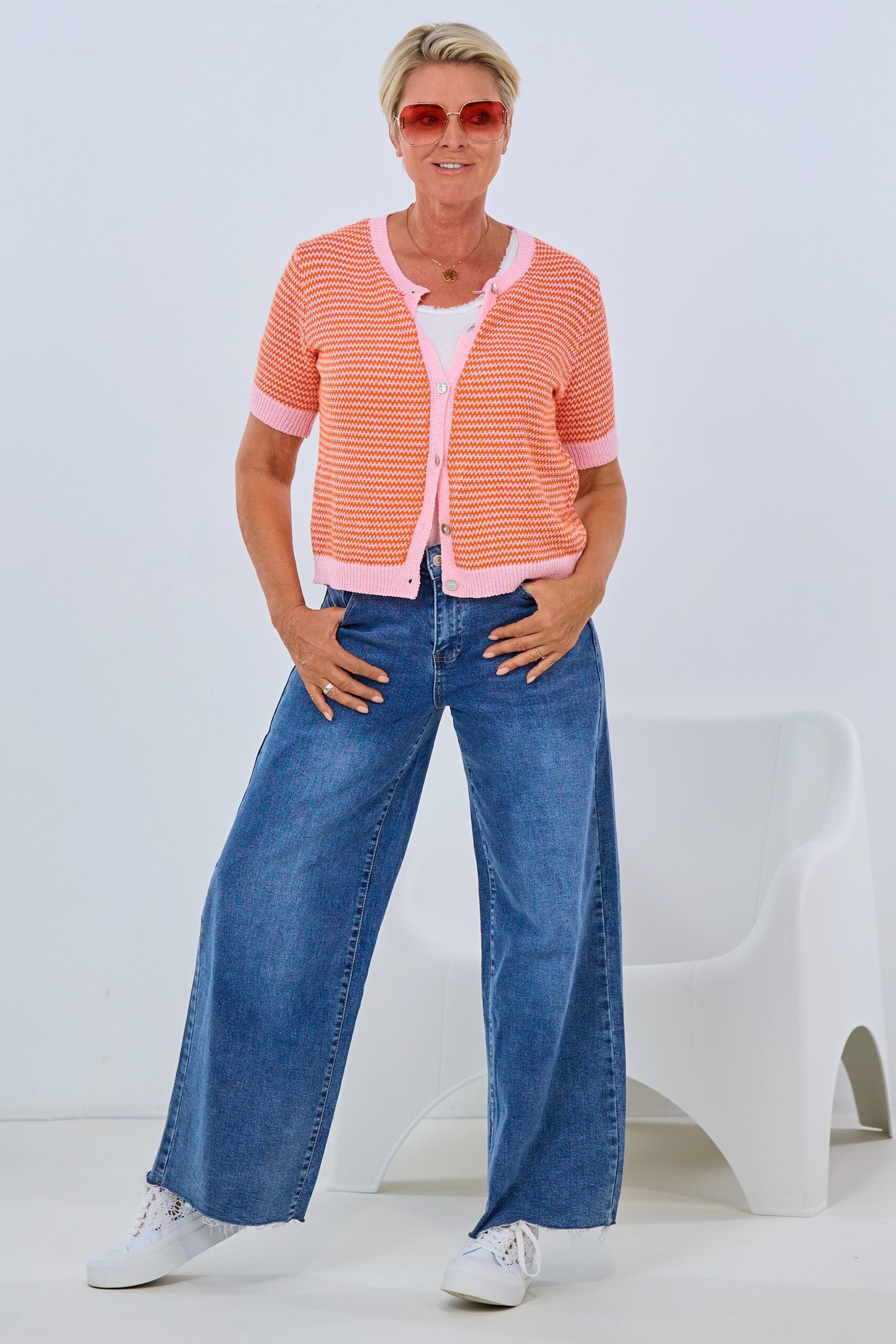 Kurzarm Cardigan, orange-rosa – Bild 2