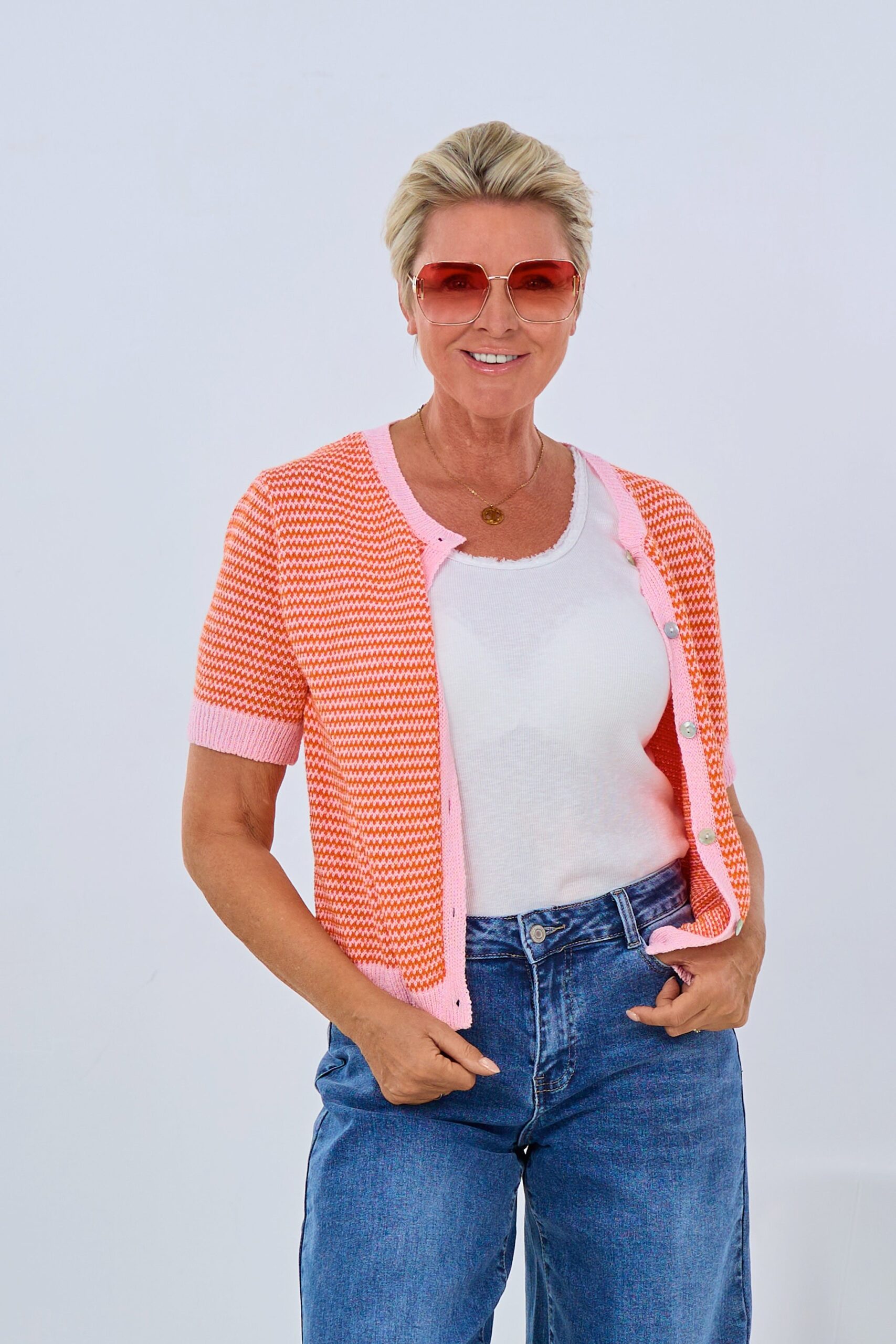 Kurzarm Cardigan, orange-rosa