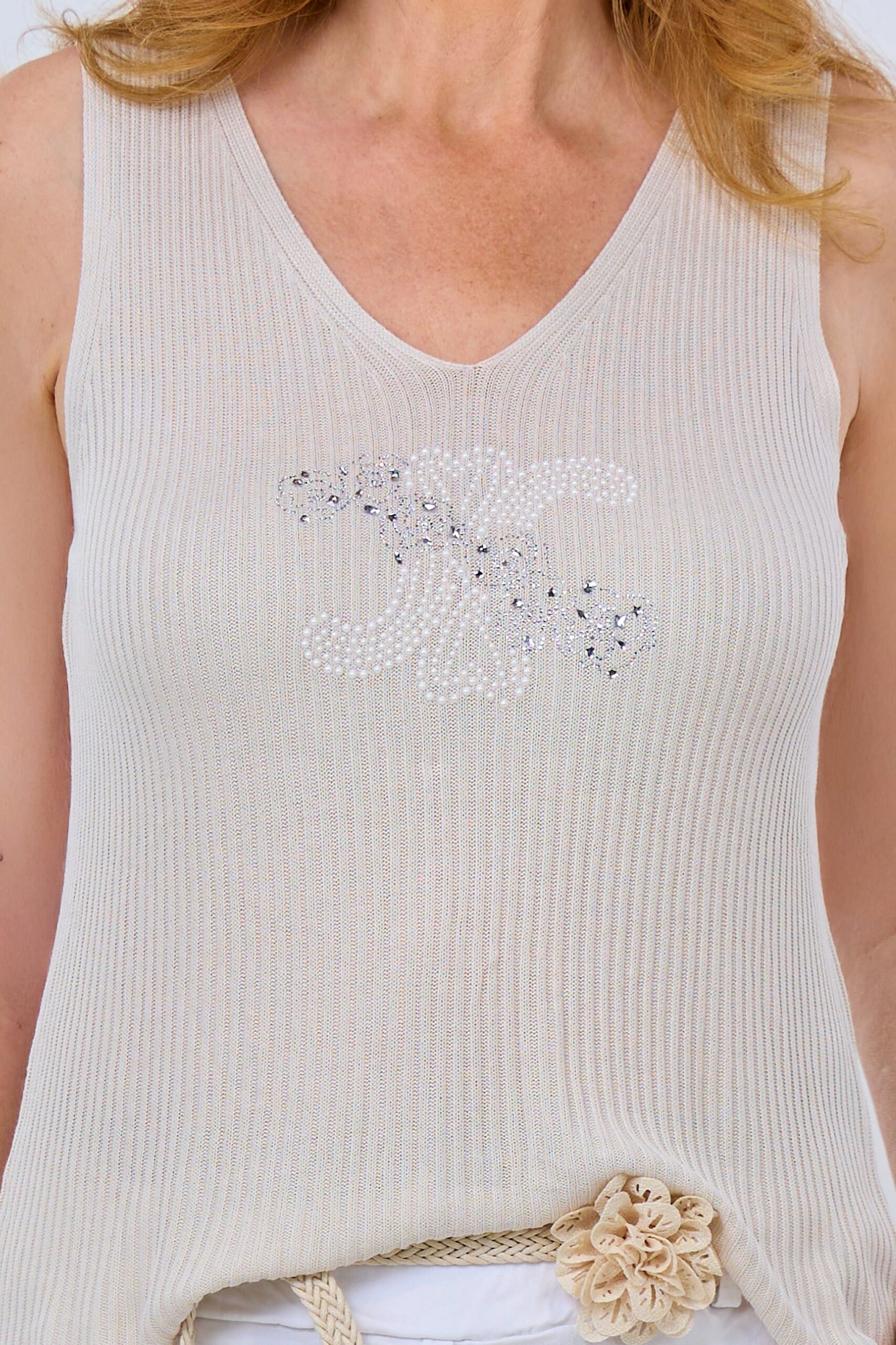 Ripp-Top mit Strass und Perlen, beige – Bild 4