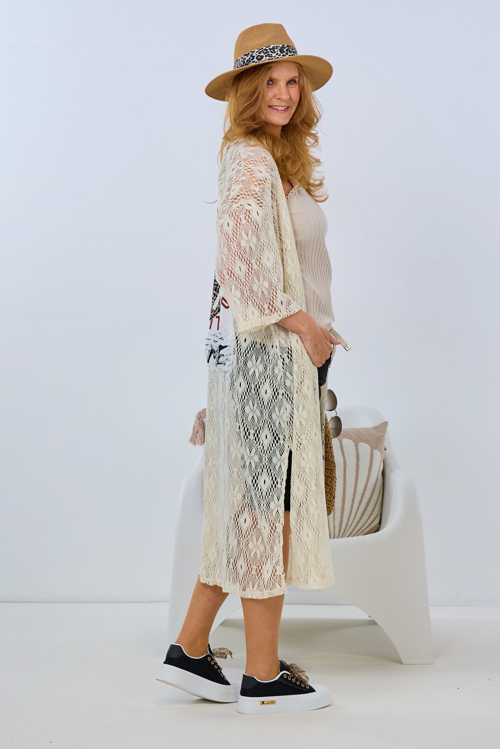 Longjacke mit Schlitz und Motivdruck Rock, creme – Bild 3