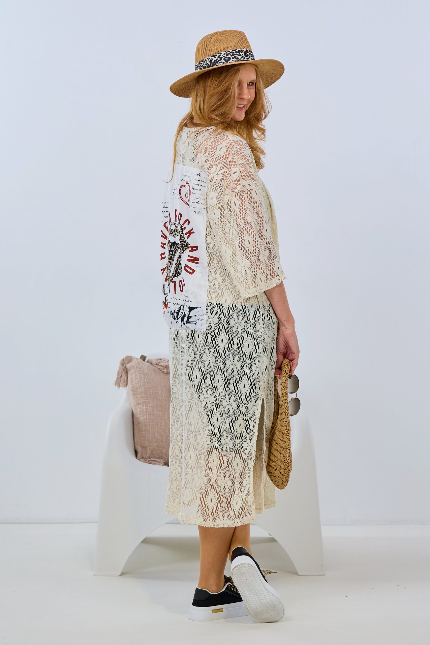 Longjacke mit Schlitz und Motivdruck Rock, creme