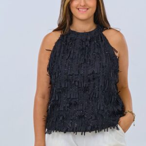 Neckholder Top mit Cut-Out-Fransen, schwarz