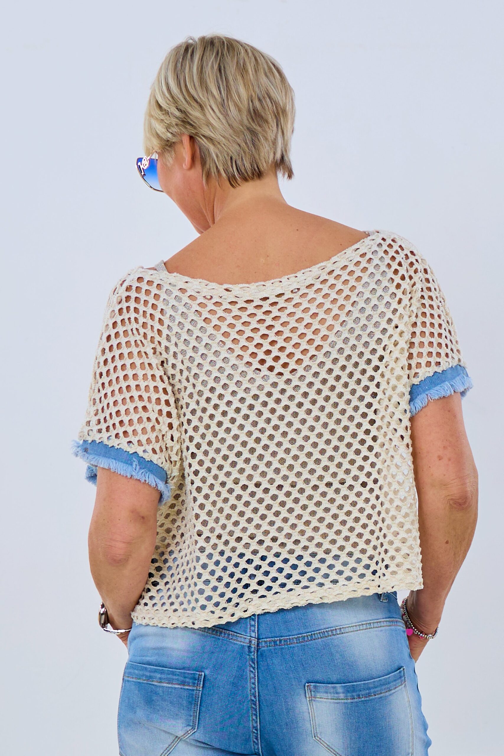Lochstrick Shirt mit Häkel-Blumen, creme-gold – Bild 3