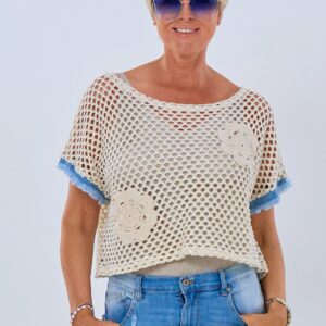 Lochstrick Shirt mit Häkel-Blumen, creme-gold