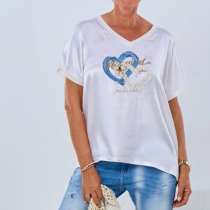 Satin Shirt mit Herzen, ecru