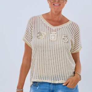 Lochstrick Shirt mit Patches, creme-gold
