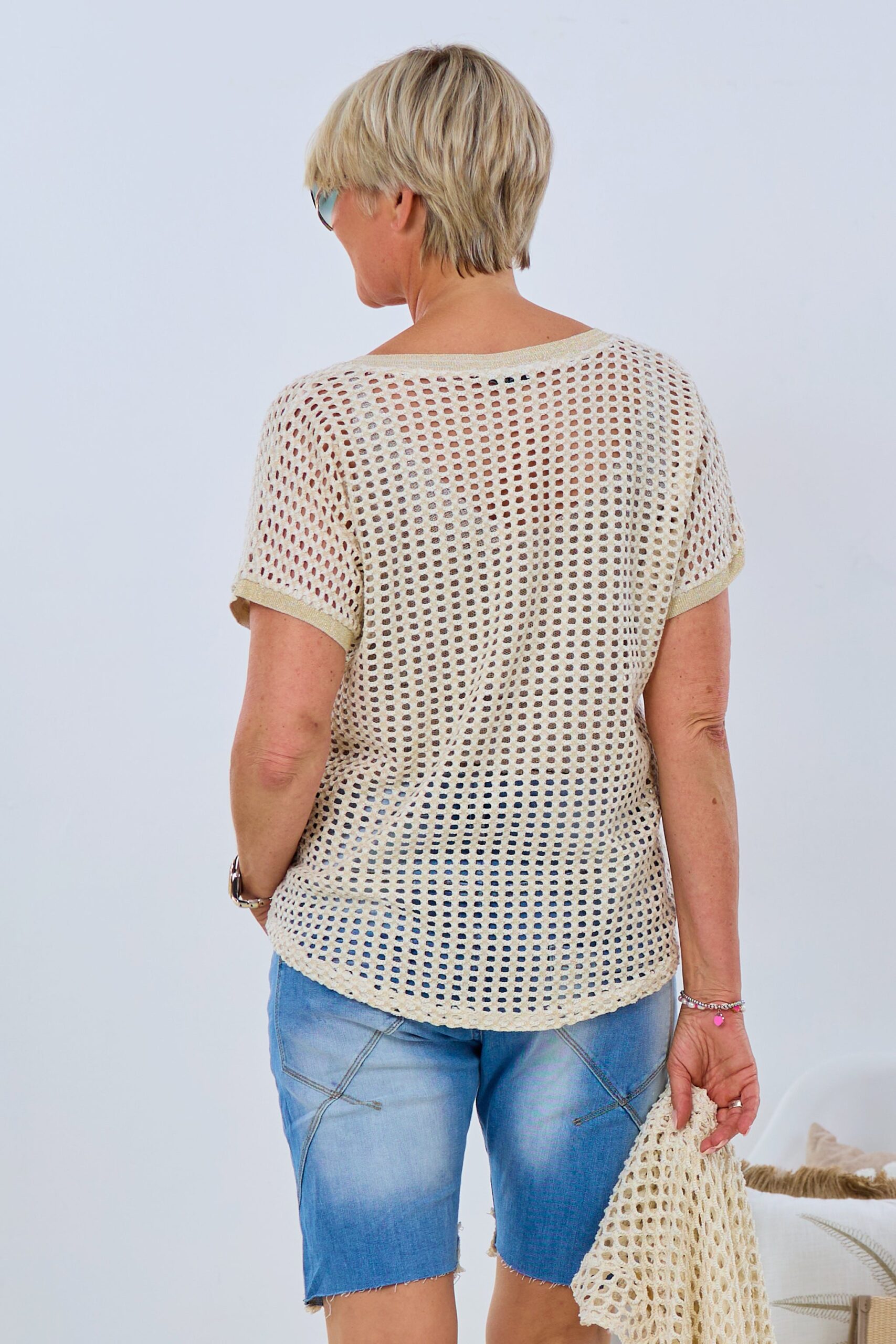 Lochstrick Shirt mit Patches, creme-gold – Bild 3