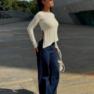 Asymmetrisches Rib Longsleeve Bio-Baumwolle - Ecru