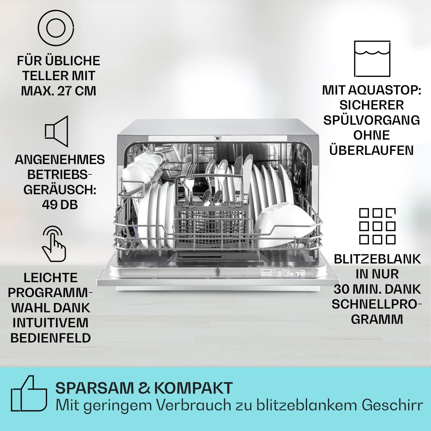 Klarstein ia 8 - Spülmaschine, Geschirrspüler, Freistehend, Teilintegriert, F, 55 cm breit, 8 Maßgedecke, 6 Programme, Aquastop, silber – Bild 65