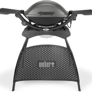 Weber Q2400 Elekrogrill mit Stand + Seitentischen, 54 x 39cm Grillfäche, portable, 2-geteilter porzellanemaillierter Guss-Grillrost, Aluminiumguss Deckel & Gehäuse - Dark Grey (55020879)