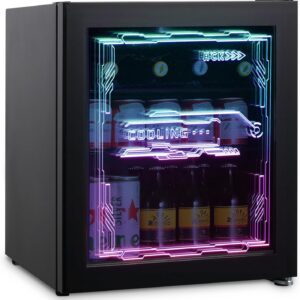 HCK Mini Kühlschrank 48L, Getränkekühlschrank mit Glastür und LED Beleuchtung, Cyberpunk Design, leise 39dB, 0-10℃ Bierkühlschrank für Gaming Room, Party, Bar, Schwarz