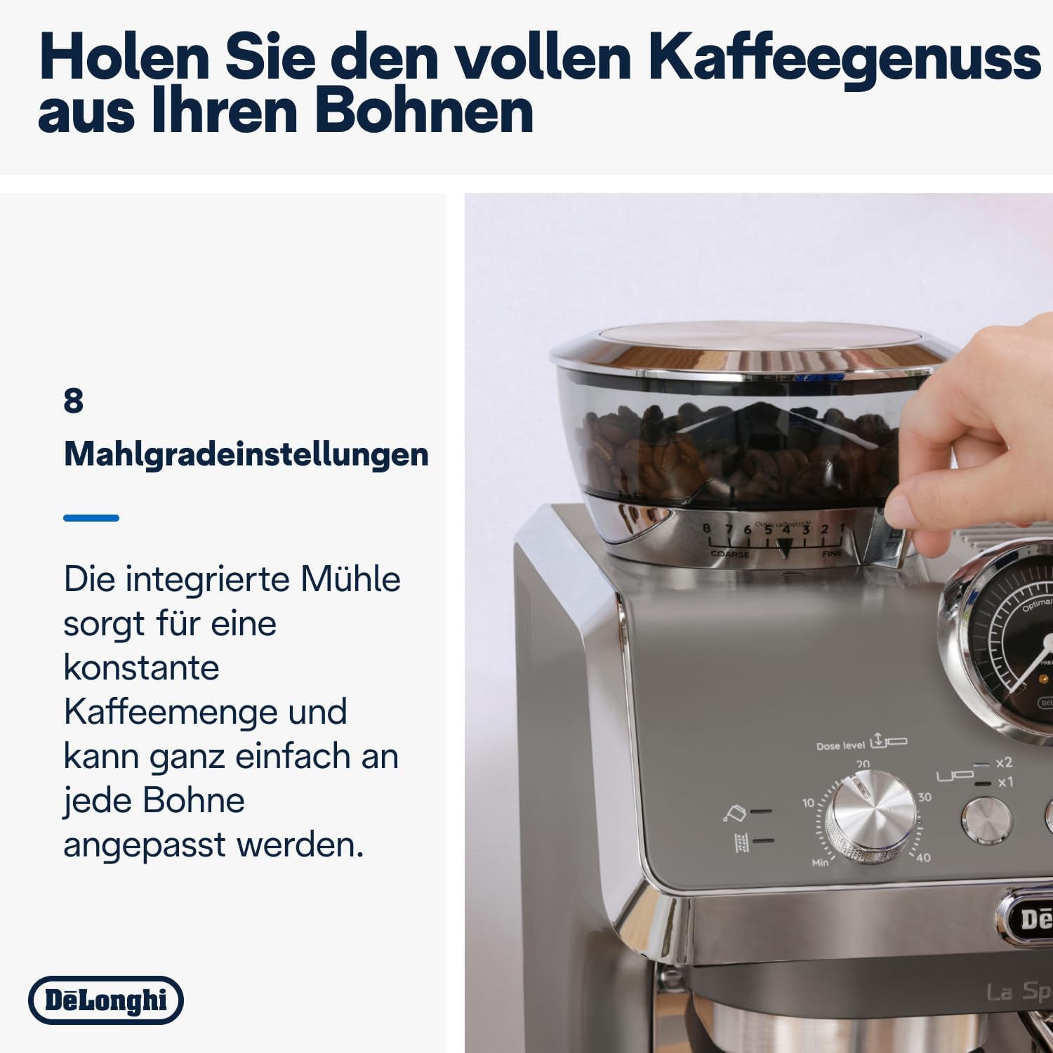De'Longhi La Specialista Arte EC9155.MB Siebtrgermaschine, Espressomaschine mit Mahlwerk, 8 Mahlgrade, 15 Bar, 3 Temperaturen, Milchschaumdüse, 1300 W, 1,5 l Tank, Edelstahl/Schwarz inkl. Barista-Kit – Bild 12