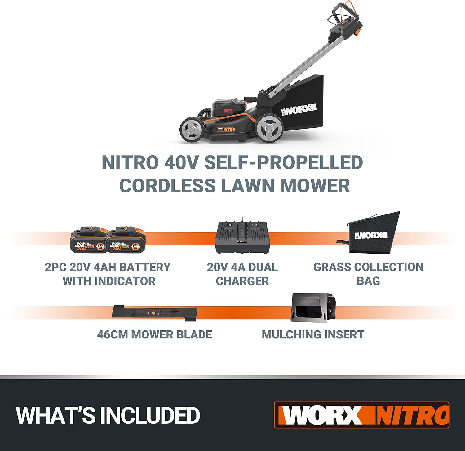 Worx Nitro 34 cm Akku-Rasenmher, Elektrischer Rasenmher, WG779E, 40 V PowerShare PRO 2 STK. 2,5 Ah Akku (Akkus & Ladegert inklusive) – Bild 16