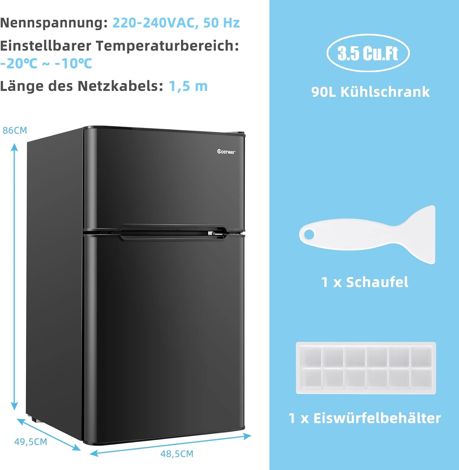 COSTWAY 90L Kühlschrank mit 27L Gefrierfach Kühl-Gefrier-Kombination Standkühlschrank Gefrierschrank mini Kühlschrank (weiß) – Bild 6