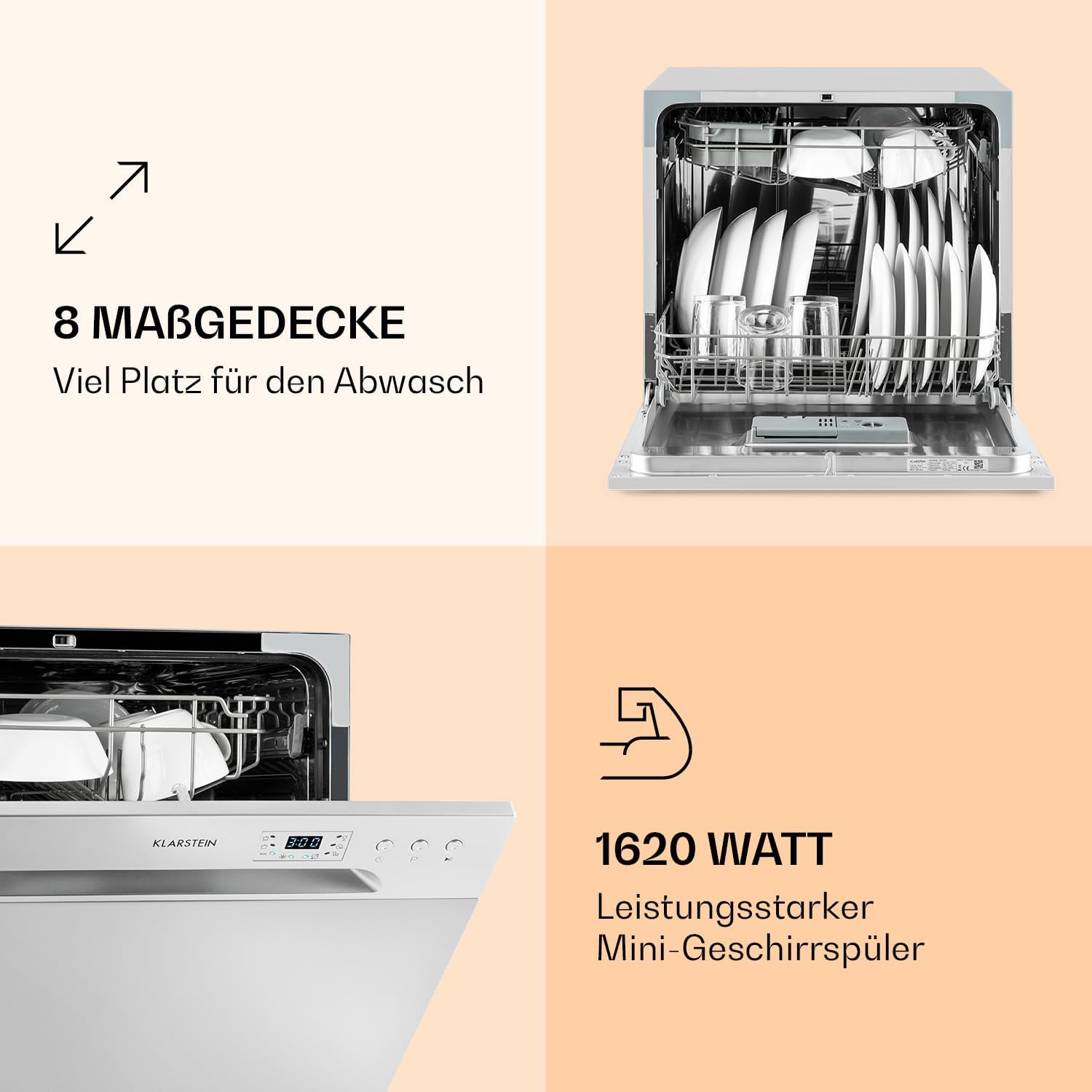 Klarstein ia 8 - Spülmaschine, Geschirrspüler, Freistehend, Teilintegriert, F, 55 cm breit, 8 Maßgedecke, 6 Programme, Aquastop, silber – Bild 71