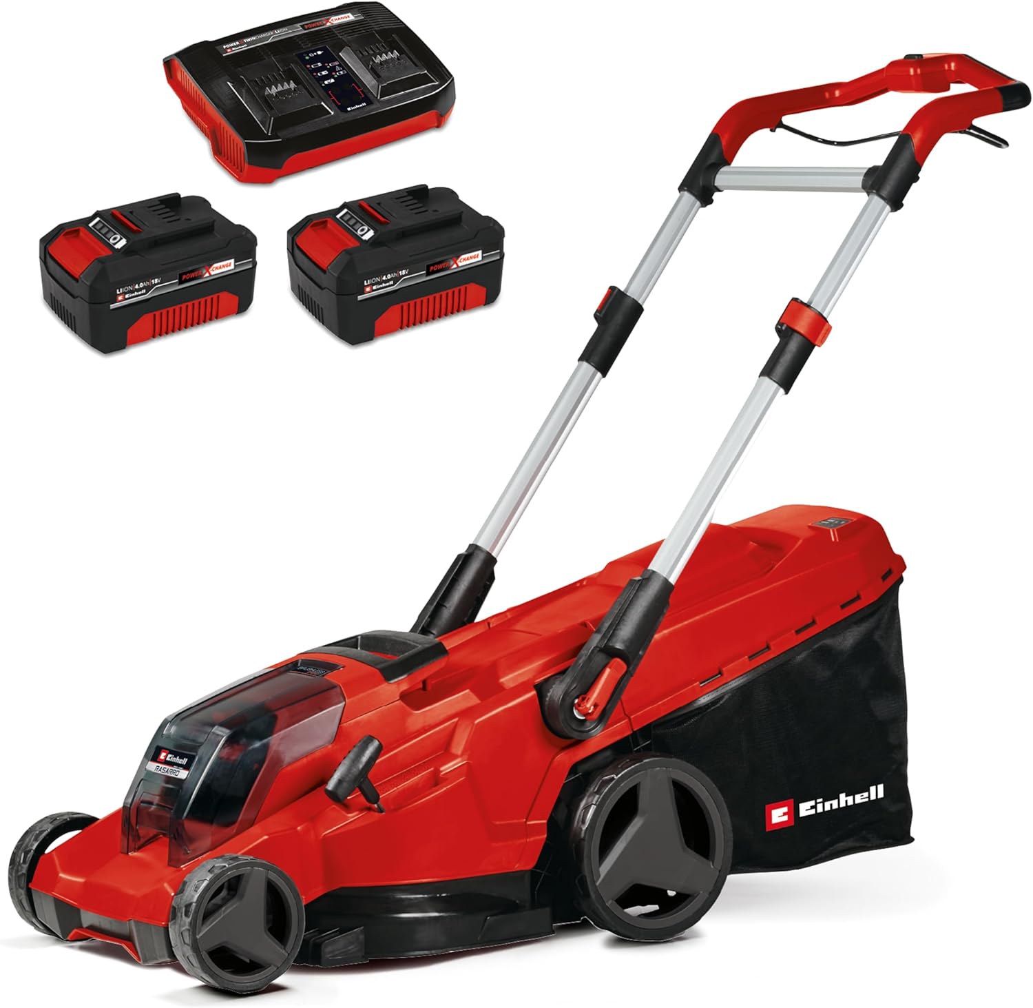 Einhell Akku-Rasenmäher GE-CM 43 Li M Kit Power X-Change (36V, 43 cm Schnittbreite, bis 600 m², Brushless, Mulch-Kit, 63L Fangkorb, 25-75 mm Schnitthöhe, inkl. 2x 4,0Ah + 2x Ladegerät)