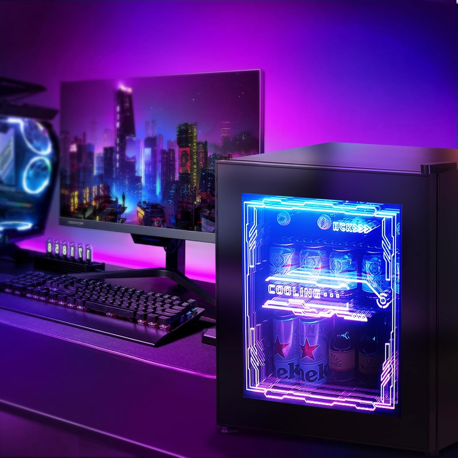 HCK Mini Kühlschrank 48L, Getränkekühlschrank mit Glastür und LED Beleuchtung, Cyberpunk Design, leise 39dB, 0-10℃ Bierkühlschrank für Gaming Room, Party, Bar, Schwarz – Bild 7