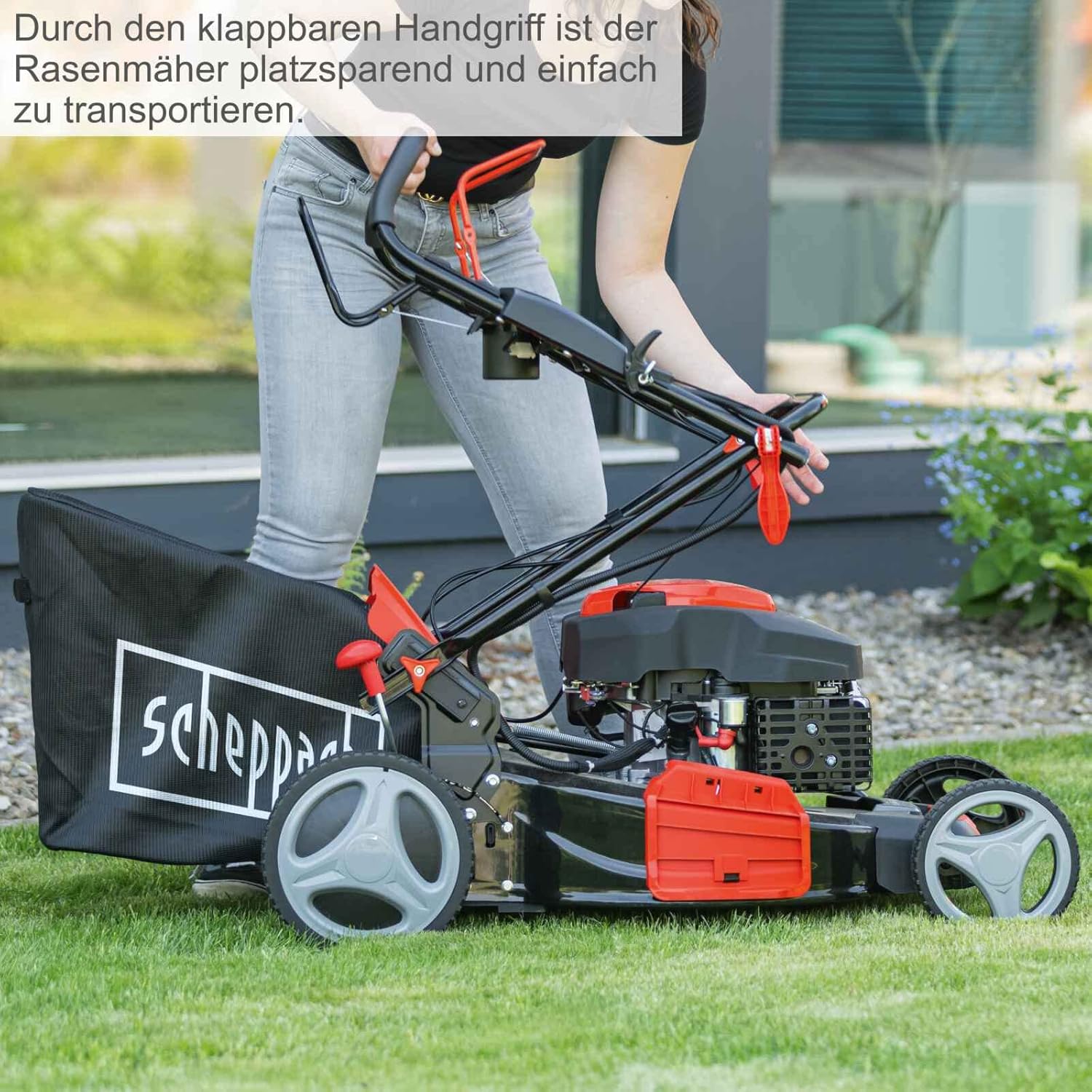 Scheppach MS150-46E Benzin Rasenmäher mit E-Start | 46cm Schnittbreite | Reinigungsfunktion | 55 Liter Fangkorb | Stahlgehäuse | 7-stufige Höhenverstellung | Mulchfunktion | Radantrieb | Seitenauswurf – Bild 11