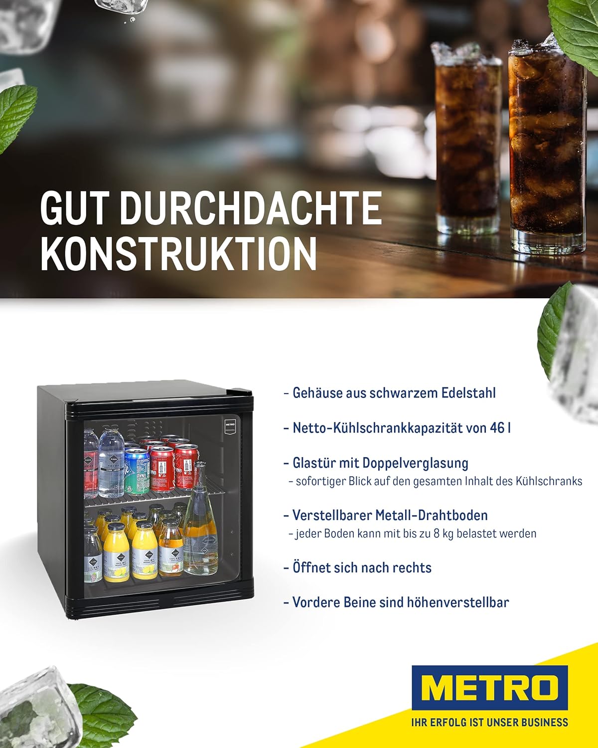 METRO Professional Mini-Kühlschrank GPC1088, 88 L, 1.052 kWh/24h, 3 Edelstahl-Drahtböden, schwarz – Bild 24