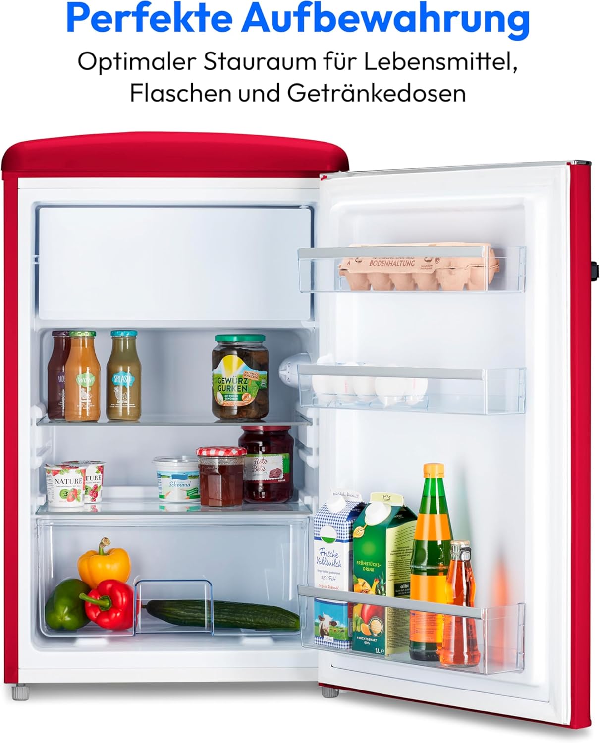 MEDION Retro Kühl-Gefrierkombination (95L Kühlschrank, 13L 4 Sterne Gefrierfach, 108 Liter Nutzinhalt, LED Innenbeleuchtung, Stufenlose Temperaturregelung, MD 37790) rot – Bild 14