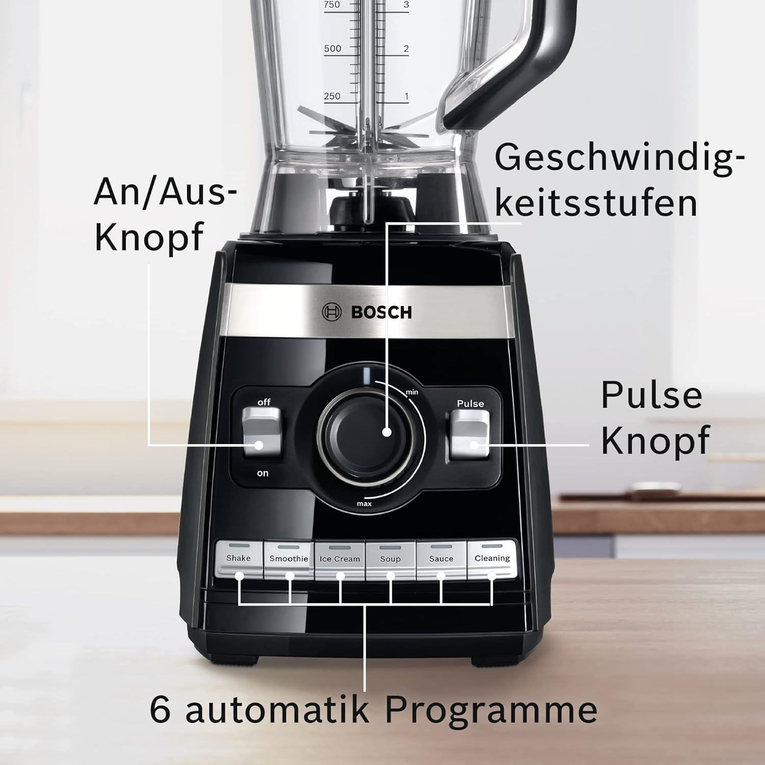 Bosch Standmixer VitaBoost MMBH6P6BDE, 6-Klingen-Edelstahlmesser, 2,5l Tritan-Mixbehlter, Stopfer, 6 Automatikprogramme, Rezeptbuch, BPA-frei, einfache Reinigung, 45,000 U/min, 1600 W, schwarz – Bild 7