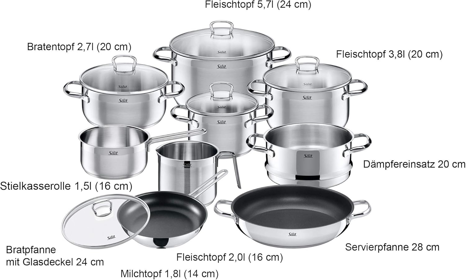 Silit Toskana Topfset induktionsgeeignet 10-teilig, Kochtopf Set mit Glasdeckel, Induktionskochtöpfe, Milchtopf, Dämpfer, Pfanne, Edelstahl teilmattiert, Induktions Töpfe Set unbeschichtet – Bild 3