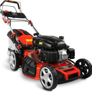 HECHT 5-IN-1 Benzin Rasenmäher – leistungsstarker 4 Takt Eco Motor 4,4 kW (6,0 PS) – Elektrostart – 53 cm Schnittbreite – 75 l Fangkorb – Radantrieb – patentierte Räder – Mulchmäher