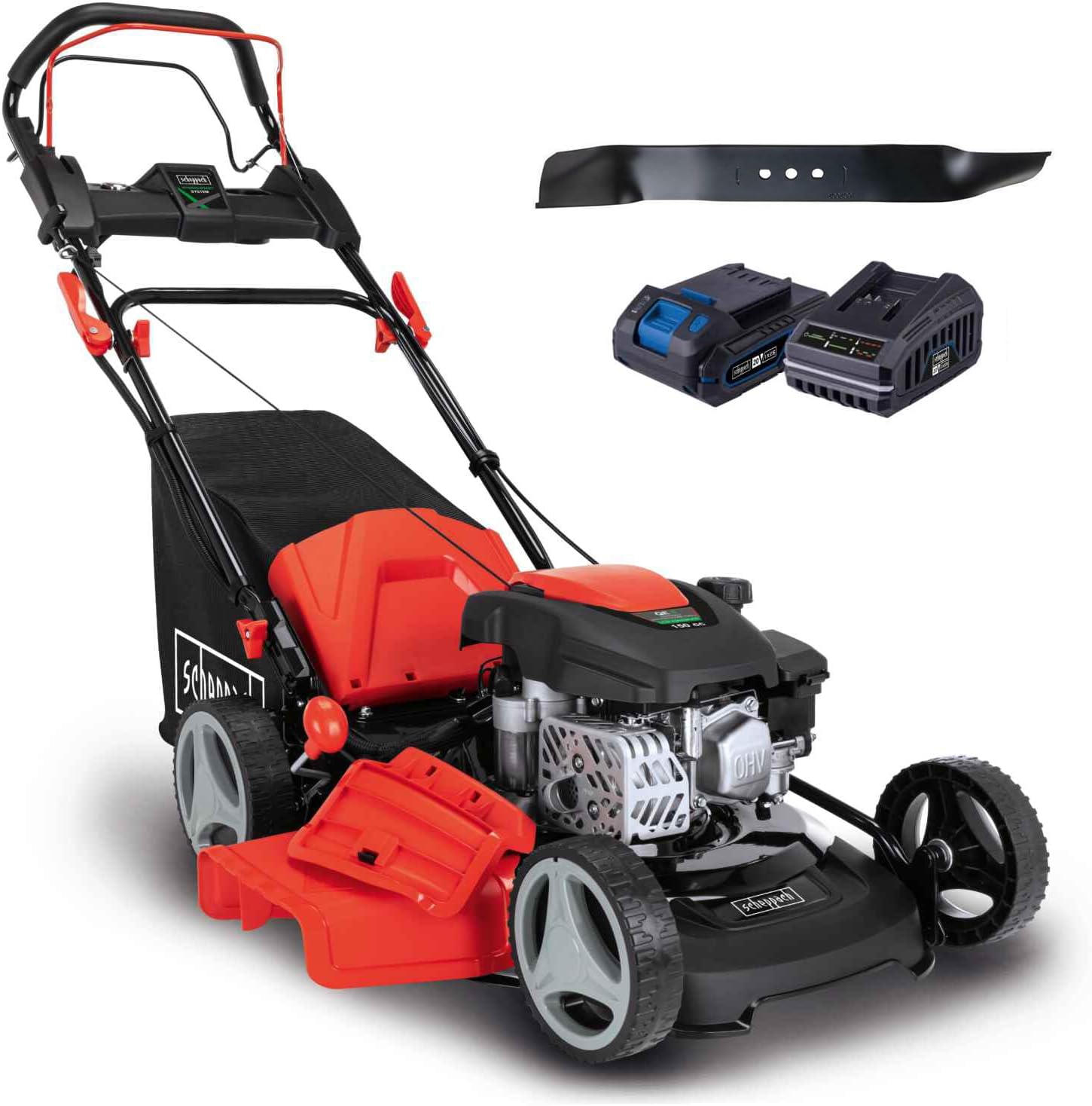 Scheppach MS150-46E Benzin Rasenmäher mit E-Start | 46cm Schnittbreite | Reinigungsfunktion | 55 Liter Fangkorb | Stahlgehäuse | 7-stufige Höhenverstellung | Mulchfunktion | Radantrieb | Seitenauswurf – Bild 7