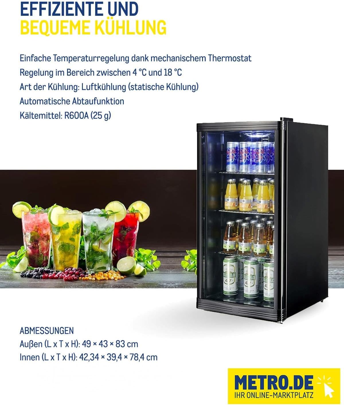 METRO Professional Mini-Kühlschrank GPC1088, 88 L, 1.052 kWh/24h, 3 Edelstahl-Drahtböden, schwarz – Bild 22