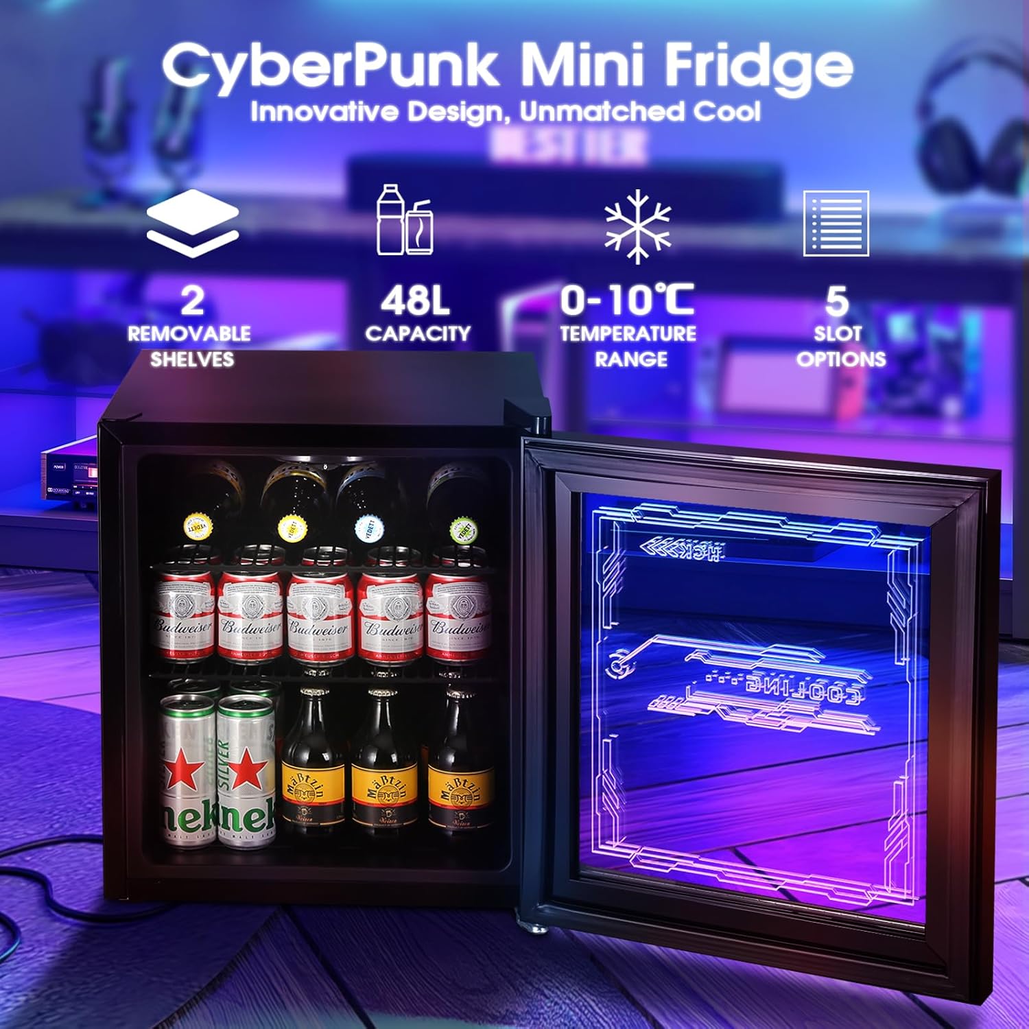 HCK Mini Kühlschrank 48L, Getränkekühlschrank mit Glastür und LED Beleuchtung, Cyberpunk Design, leise 39dB, 0-10℃ Bierkühlschrank für Gaming Room, Party, Bar, Schwarz – Bild 2