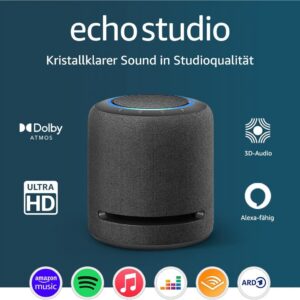 Echo Studio (Neueste Generation) | Der beste Klang, den unsere smarten WLAN- und Bluetooth-Lautsprecher je geboten haben – mit Dolby Atmos, 3D-Audio, Smart-Home-Hub und Alexa | Weiß