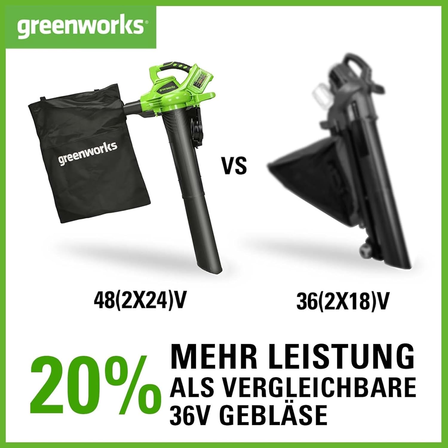 Greenworks 48V(2x24V) Akku Laubsauger / Laubblser mit Schultergurt, bürstenloser Motor, 322 km/h, 9 m/min, 45L Fangsack, zwei 4Ah Batterien & Ladegert, 3 Jahre Garantie GD24X2BVK4X – Bild 4