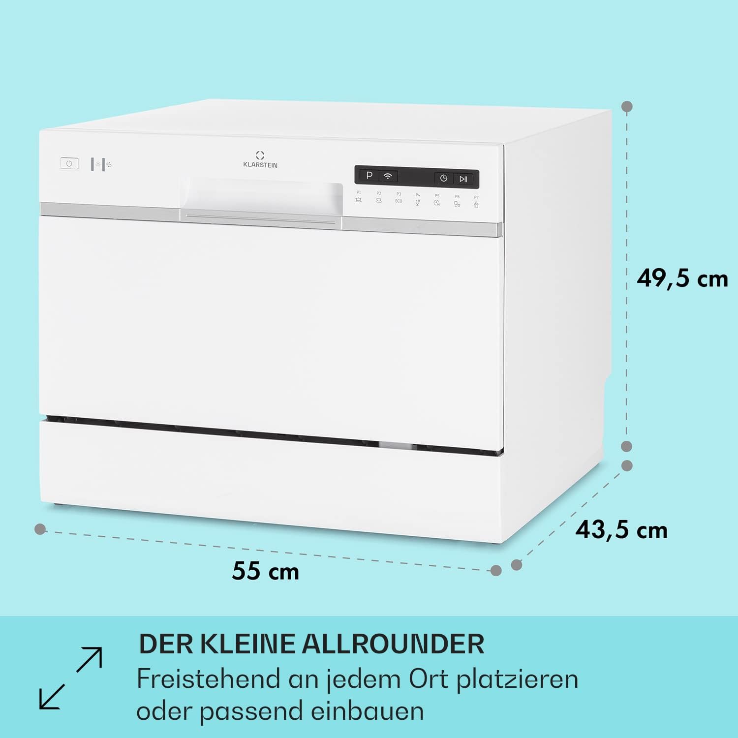 Klarstein ia 8 - Spülmaschine, Geschirrspüler, Freistehend, Teilintegriert, F, 55 cm breit, 8 Maßgedecke, 6 Programme, Aquastop, silber – Bild 9