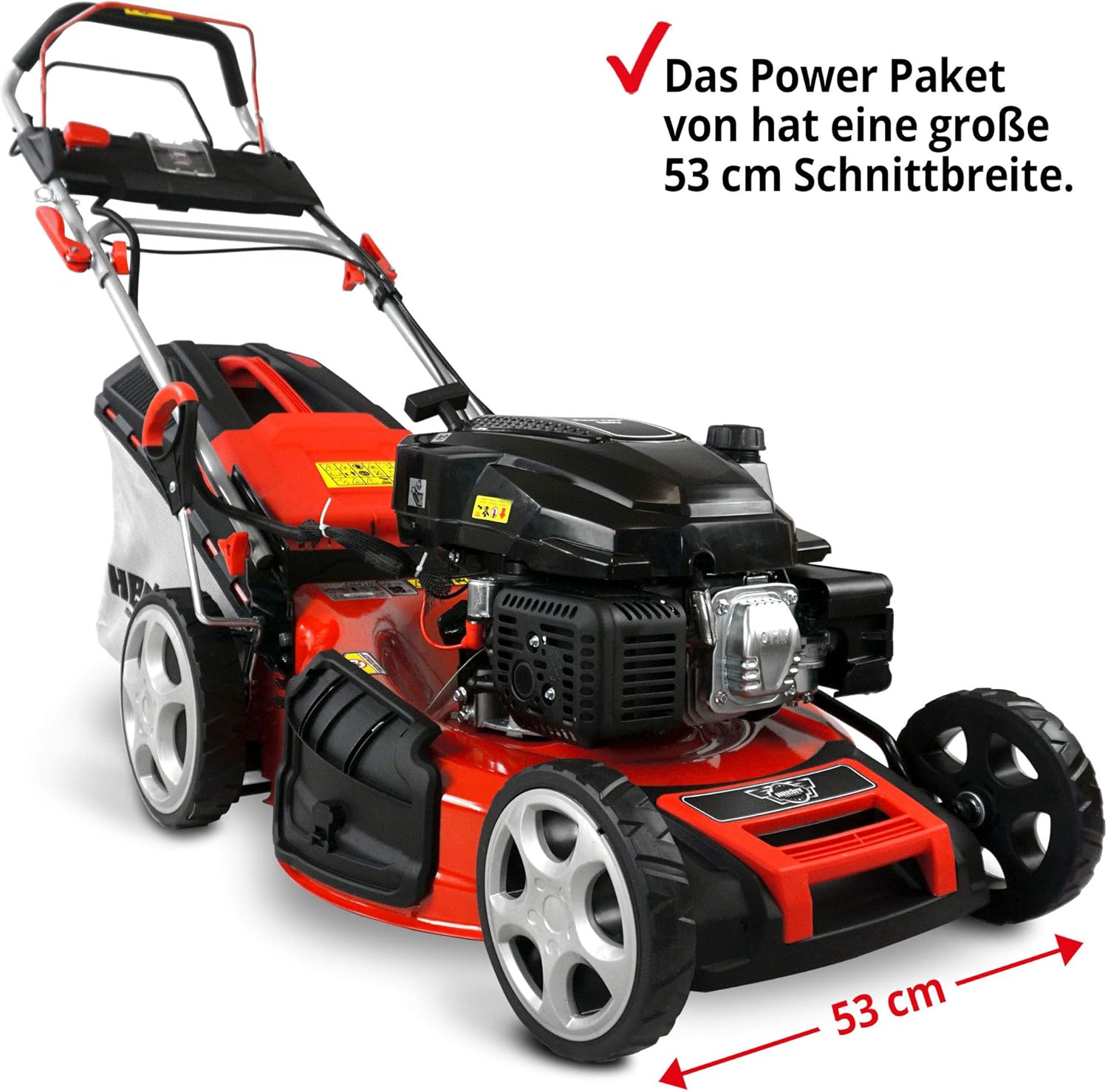 HECHT 5-IN-1 Benzin Rasenmäher – leistungsstarker 4 Takt Eco Motor 4,4 kW (6,0 PS) – Elektrostart – 53 cm Schnittbreite – 75 l Fangkorb – Radantrieb – patentierte Räder – Mulchmäher – Bild 2