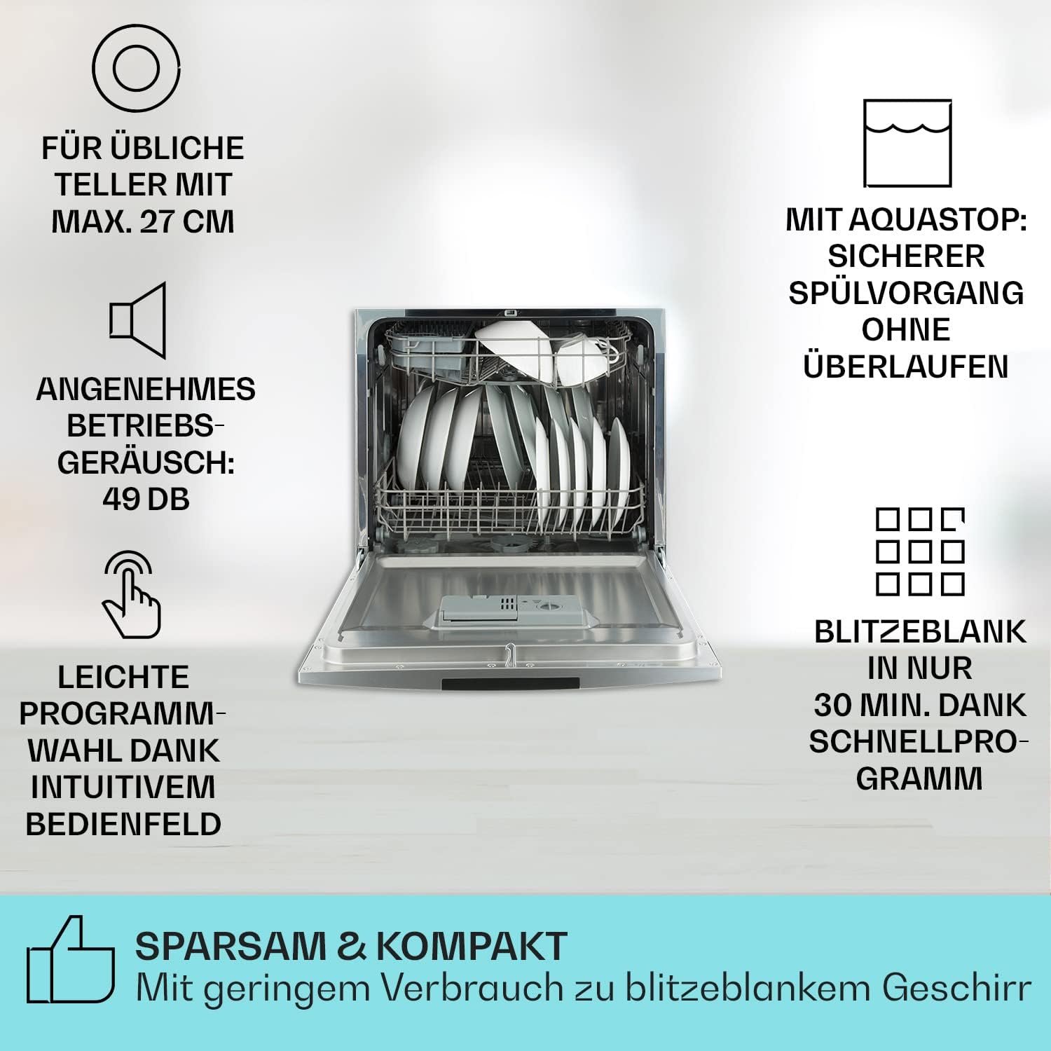 Klarstein ia 8 - Spülmaschine, Geschirrspüler, Freistehend, Teilintegriert, F, 55 cm breit, 8 Maßgedecke, 6 Programme, Aquastop, silber – Bild 16