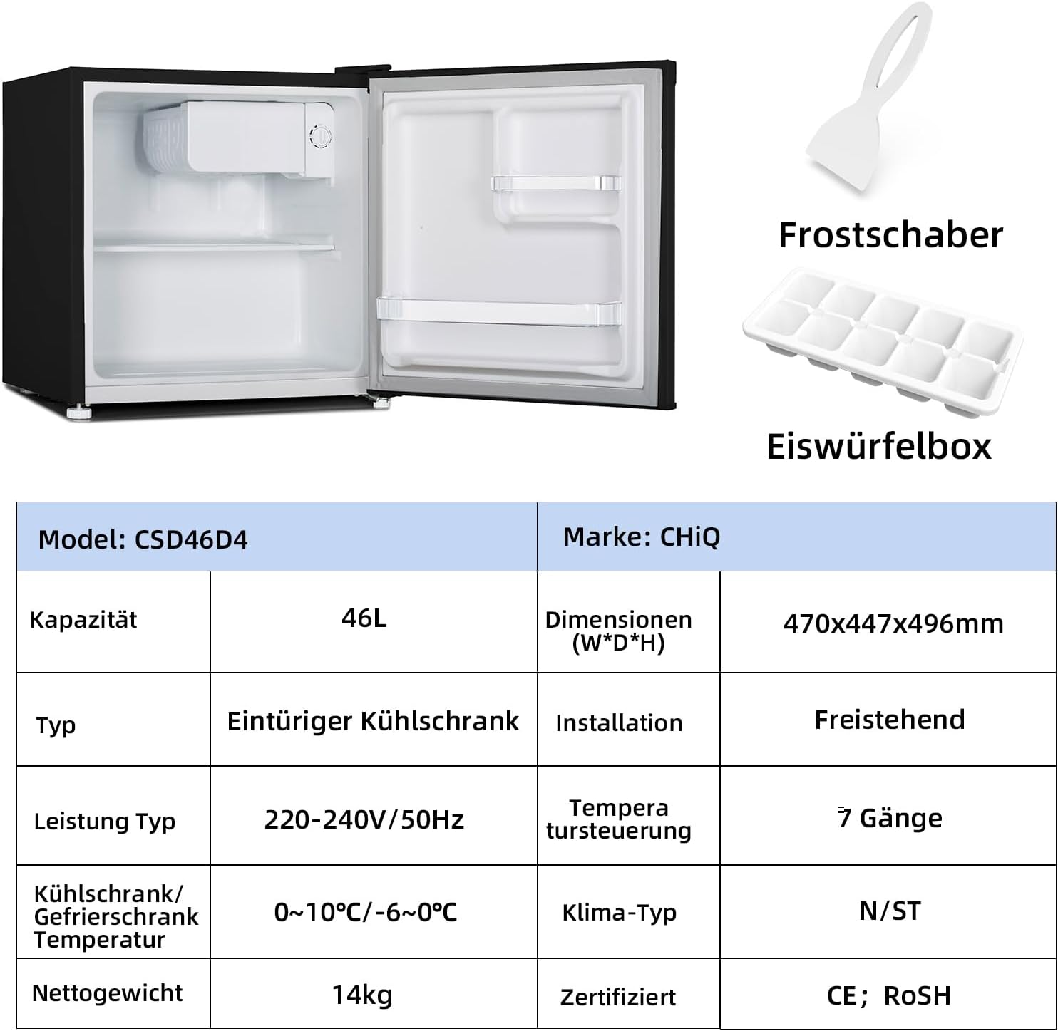 CHIQ Mini Bar Fridge 46 L, Mini Fridge, 49.6 x 47.4 x 44.7 cm (H x W x D), E Energy Consumption 80 kWh per Year, Very Quiet 39 dB – Bild 27