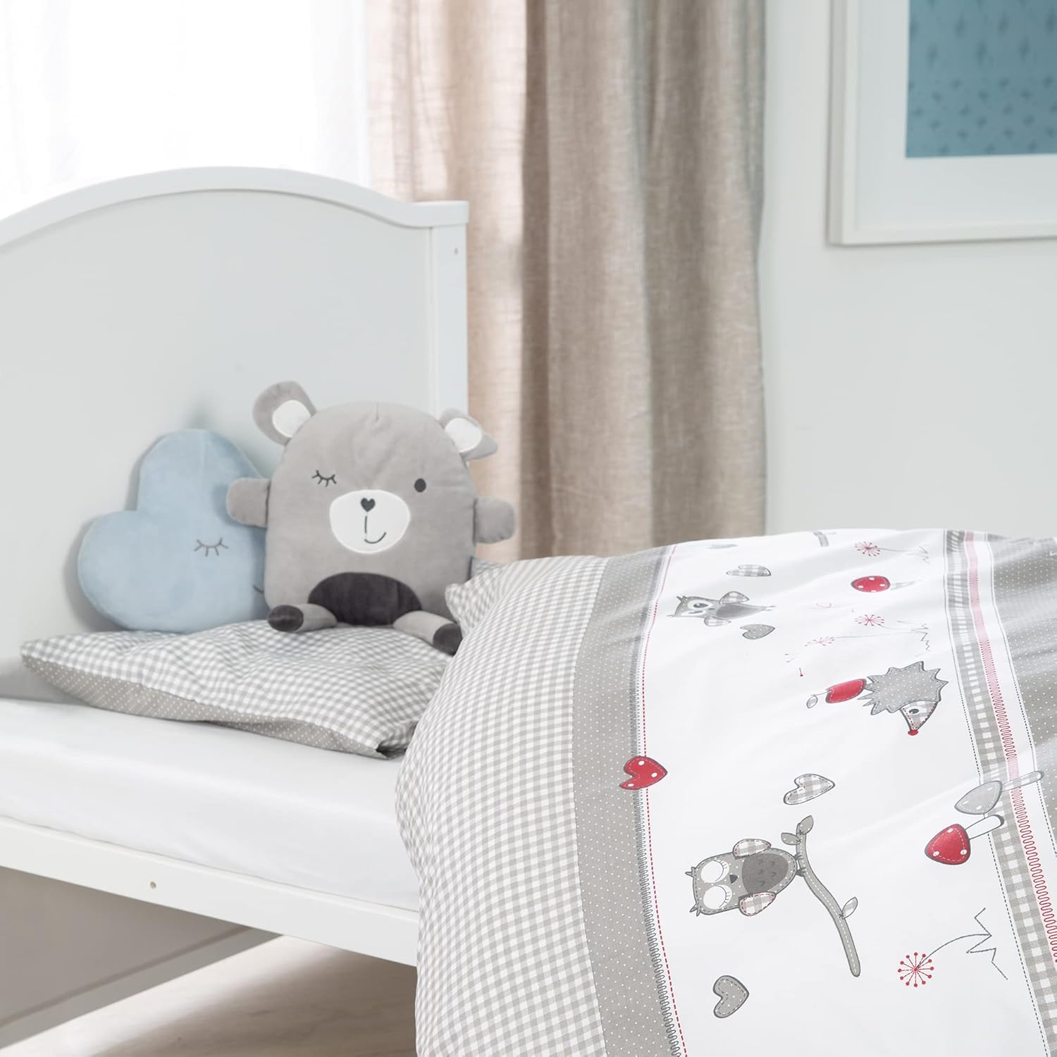 roba Babybett Set Adam & Eule - 70 x 140 cm - Mitwachsendes Kinderbett mit Bettwäsche, Himmel, Matratze - Höhenverstellbar - zu Juniorbett umbaubar - Holz weiß – Bild 21