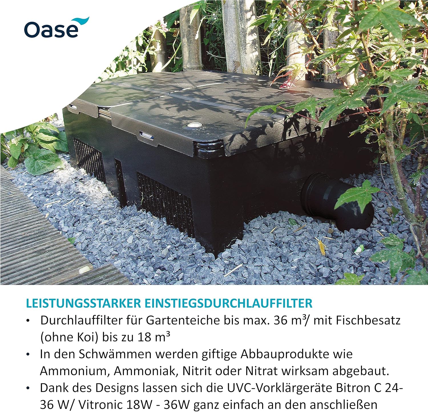 OASE 57377 Durchlauffilter BioSmart UVC 16000 geeignet für Teiche bis 16 m³, Filtersystem, Filterset inkl Filtermaterial und UVC Klärer, Schwarz – Bild 49