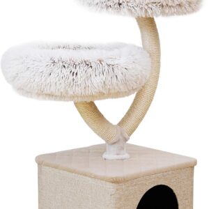 Fudajo Designer Kratzbaum in Zweigdesign 130 cm hoch, Katzenkratzbaum mit Plüsch und Sisal, Kletterbaum für Katzen, Katzenbaum mit Hängeliege